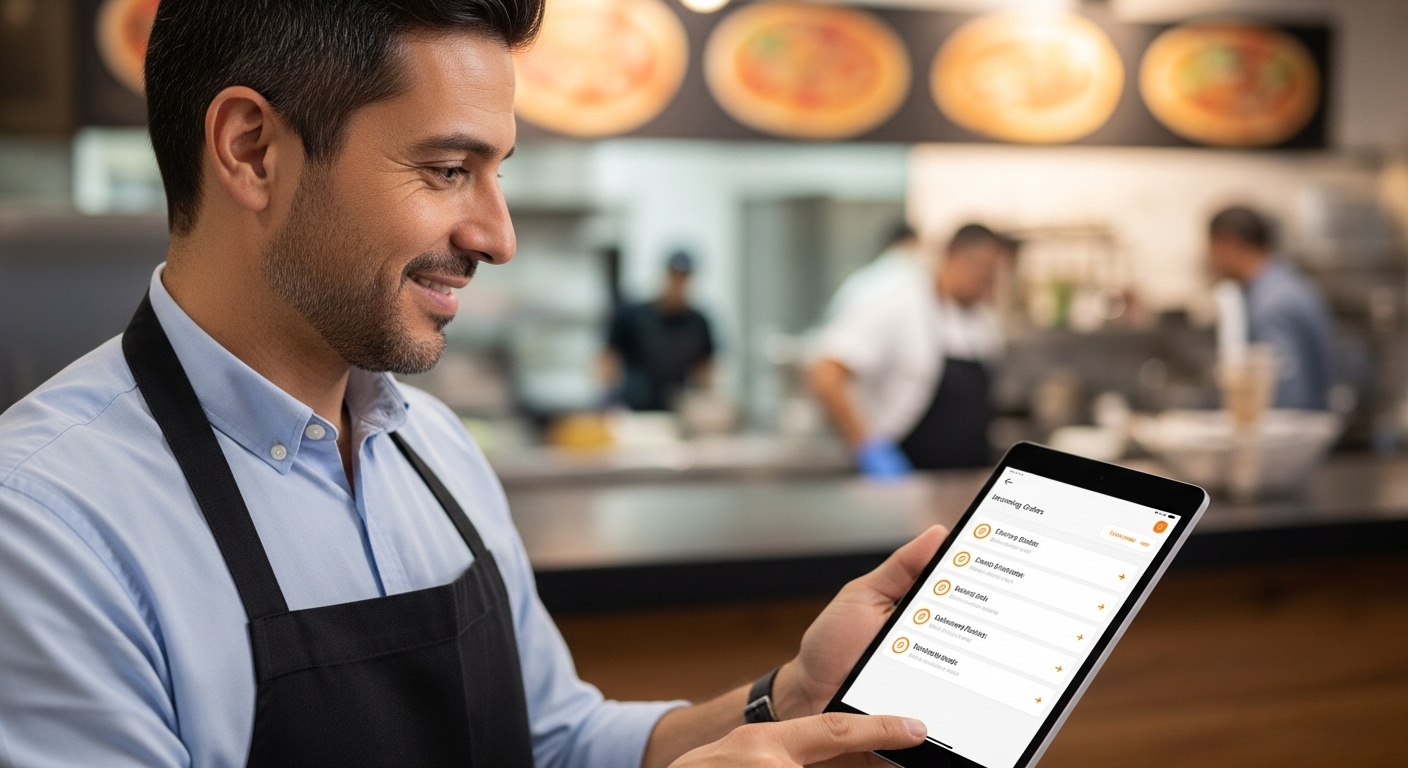 Dueño de pizzería en Venezuela usando tablet